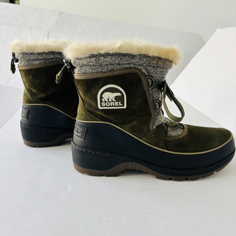 Sorel Waterproof Winter Snow Boots Size 11 EU 42 Olive Green Suede Faux Fur
